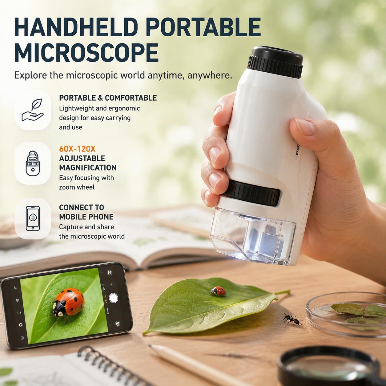 Microscope Kids Science - Mini Pocket Microscope 60x 120x Portable
